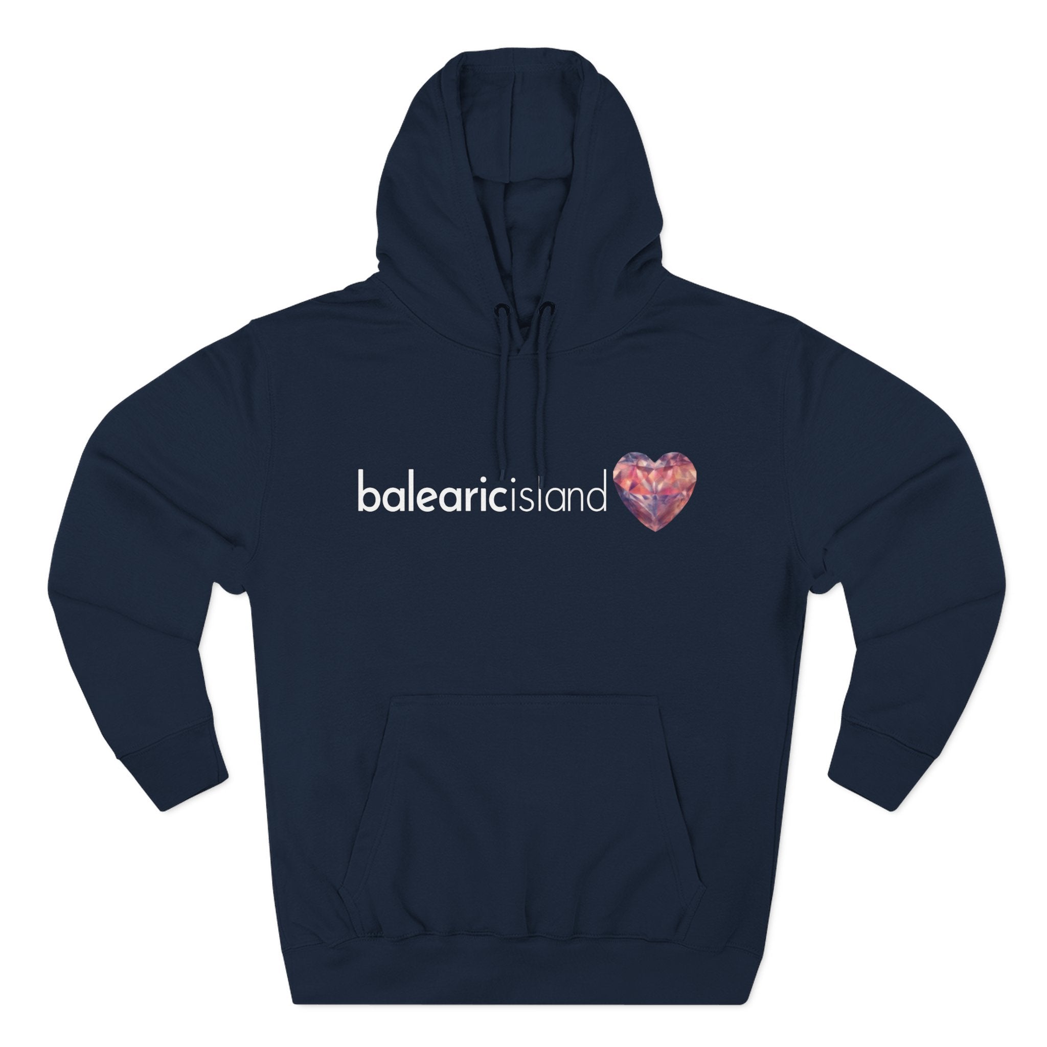 Navy blue hoodie with 'balearic island' text and heart design.