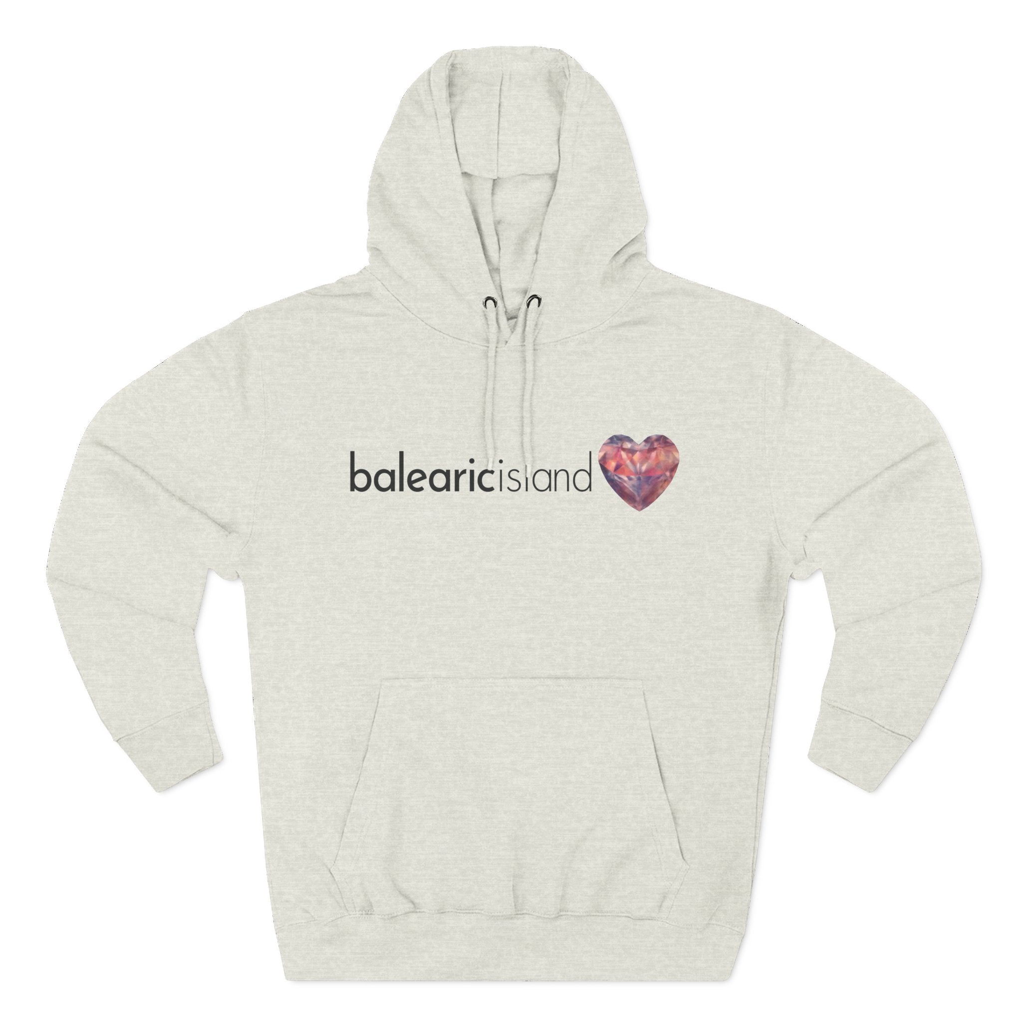 Beige hoodie with 'balearic island' text and heart graphic.
