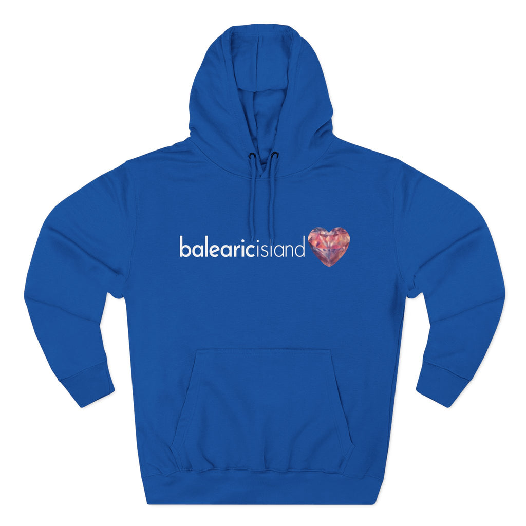 Royal Blue hoodie with 'balearic island' text and heart design.
