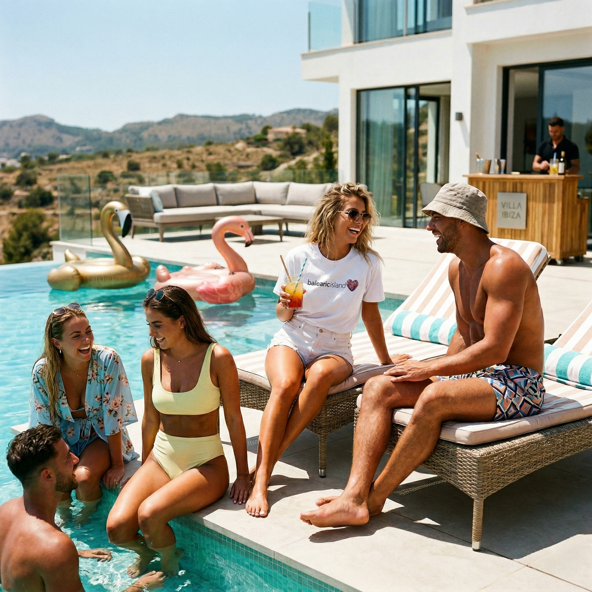 Balearic Blend T-shirt: Woman in white white Balearic Island Summer Edit tee laughing with friends by a luxury villa pool.