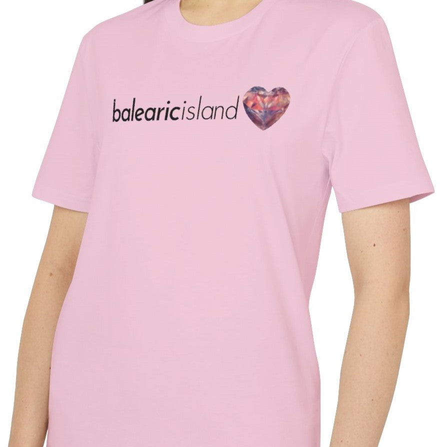 Balearic Blend T-shirt: Front view featuring the pink faceted heart logo and typography on a white background.