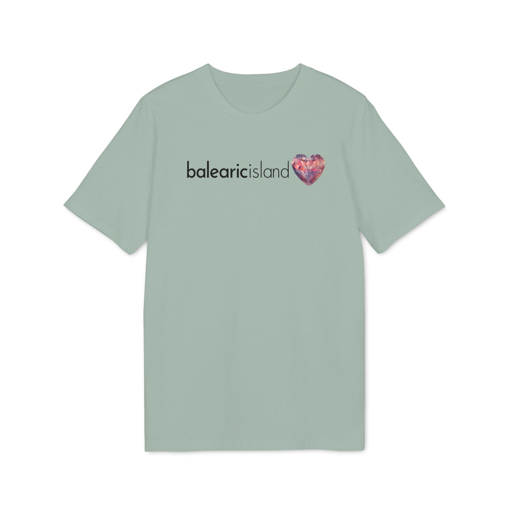 Balearic Blend T-shirt: Aloe colourway flat-lay showing the faceted heart graphic print detail.