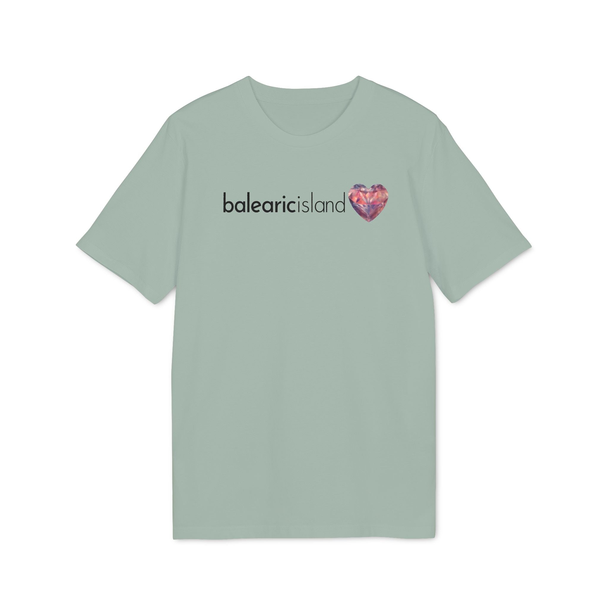 Balearic Blend T-shirt: Aloe colourway flat-lay showing the faceted heart graphic print detail.