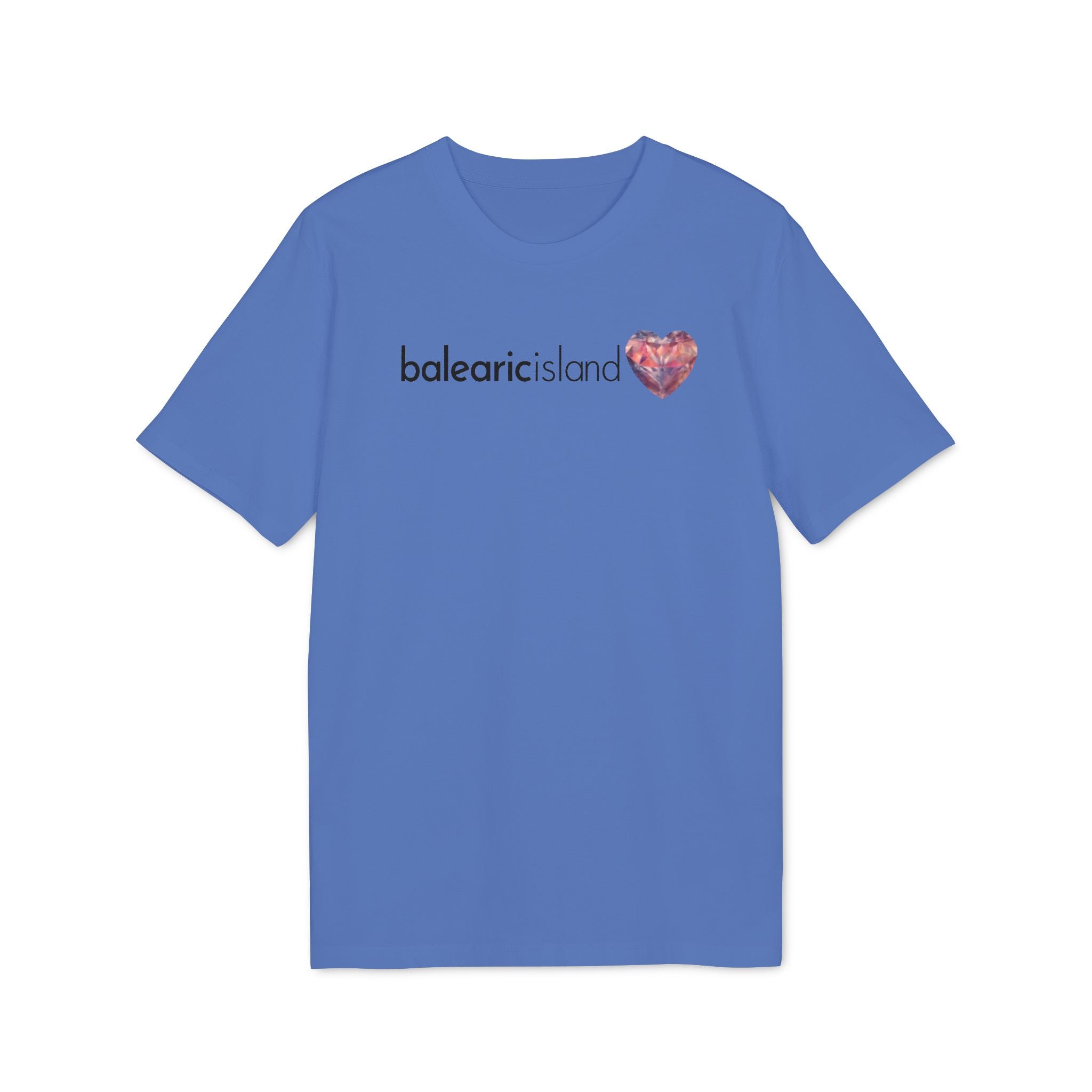 Balearic Blend T-shirt: Bright Blue colourway flat-lay showing the faceted heart graphic print detail.