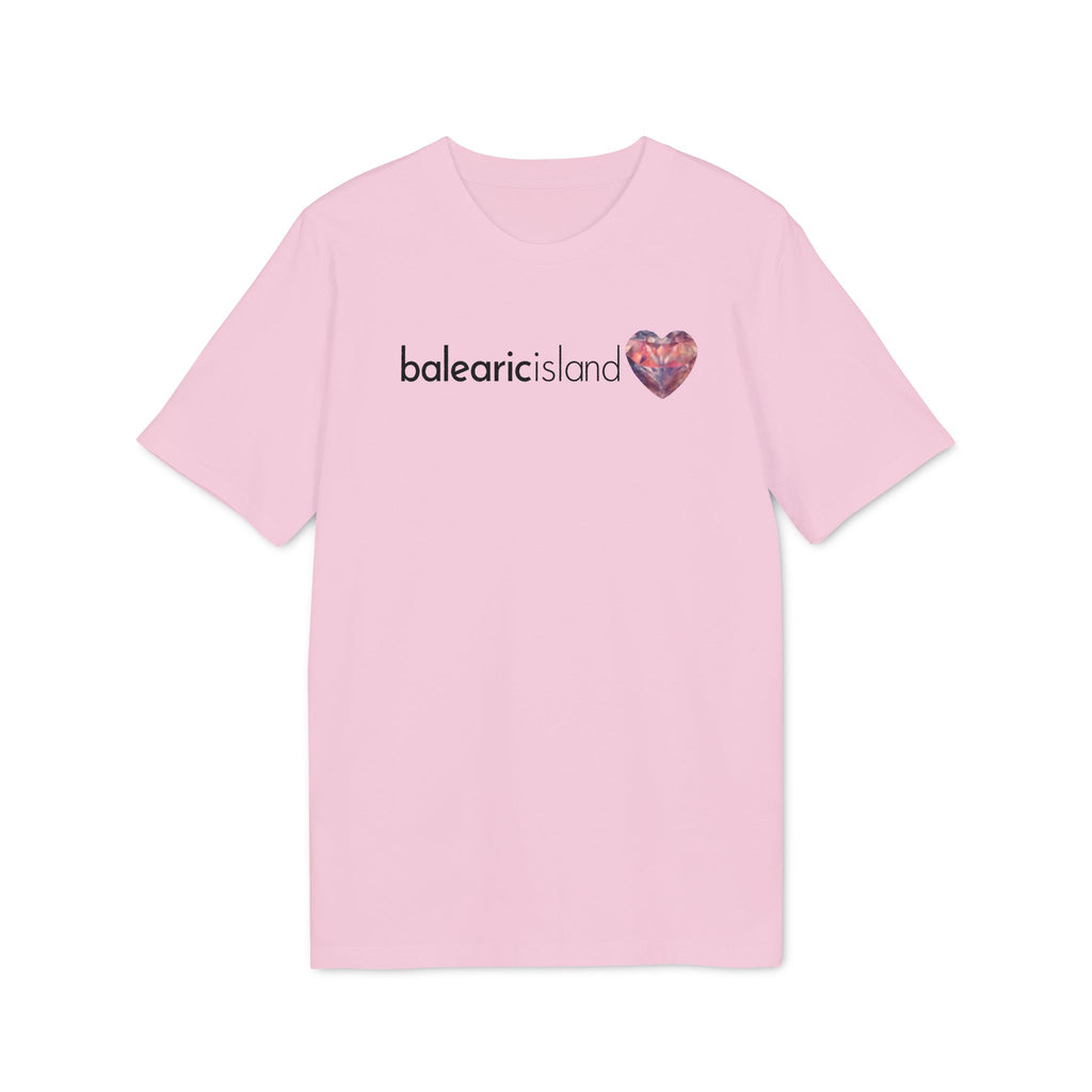 Balearic Blend T-shirt: Cotton Pink colourway flat-lay showing the faceted heart graphic print detail.