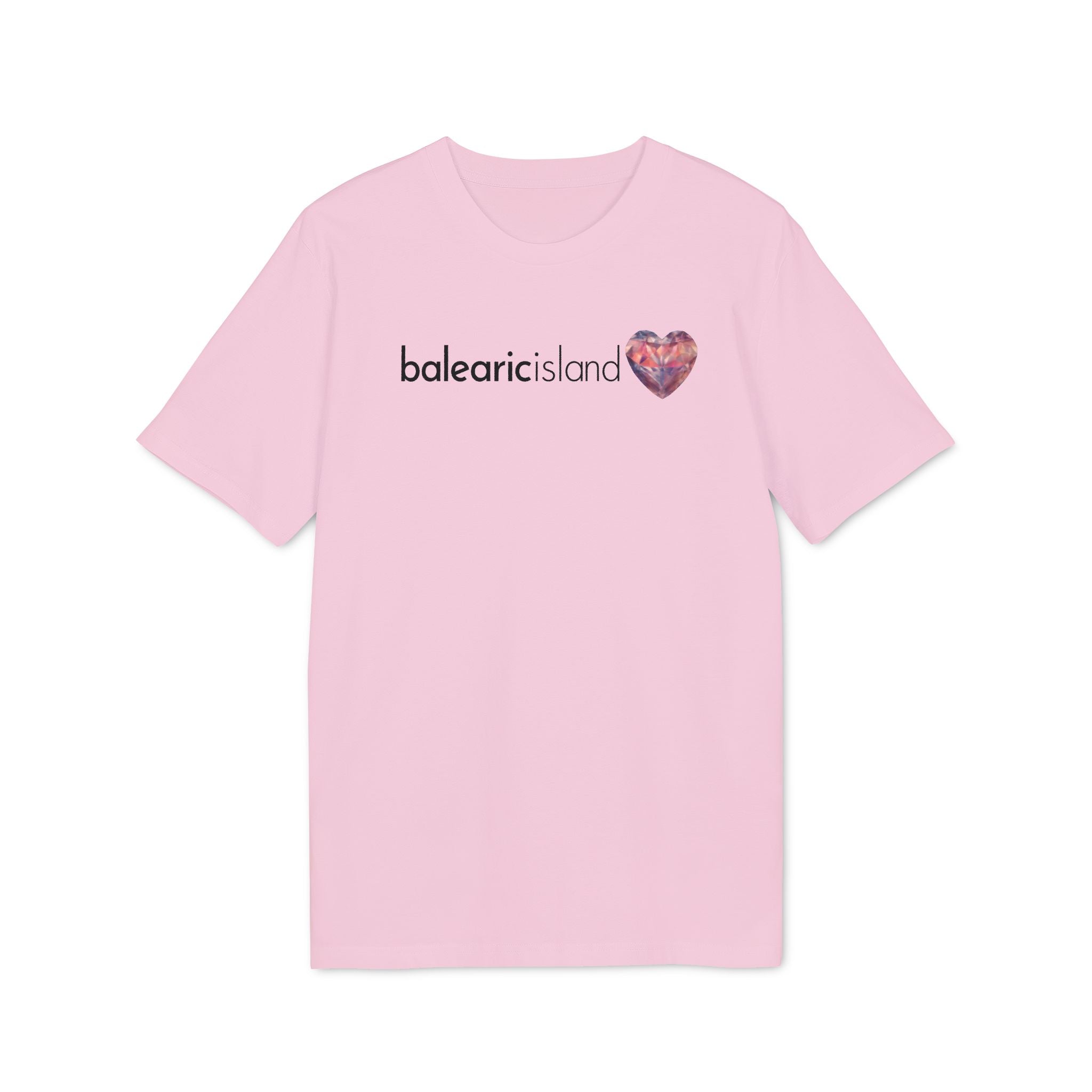 Balearic Blend T-shirt: Cotton Pink colourway flat-lay showing the faceted heart graphic print detail.