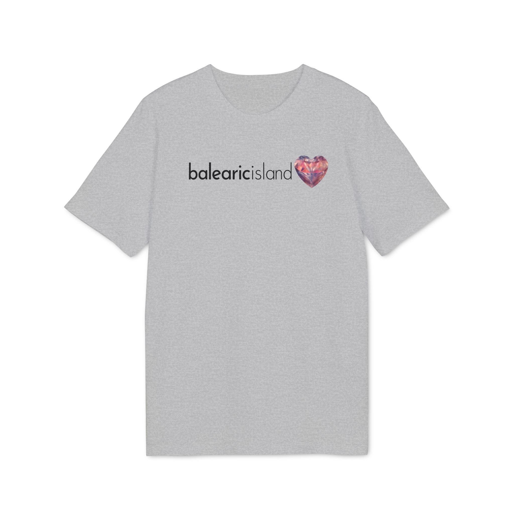 Balearic Blend T-shirt: Heather Grey colourway flat-lay showing the faceted heart graphic print detail.