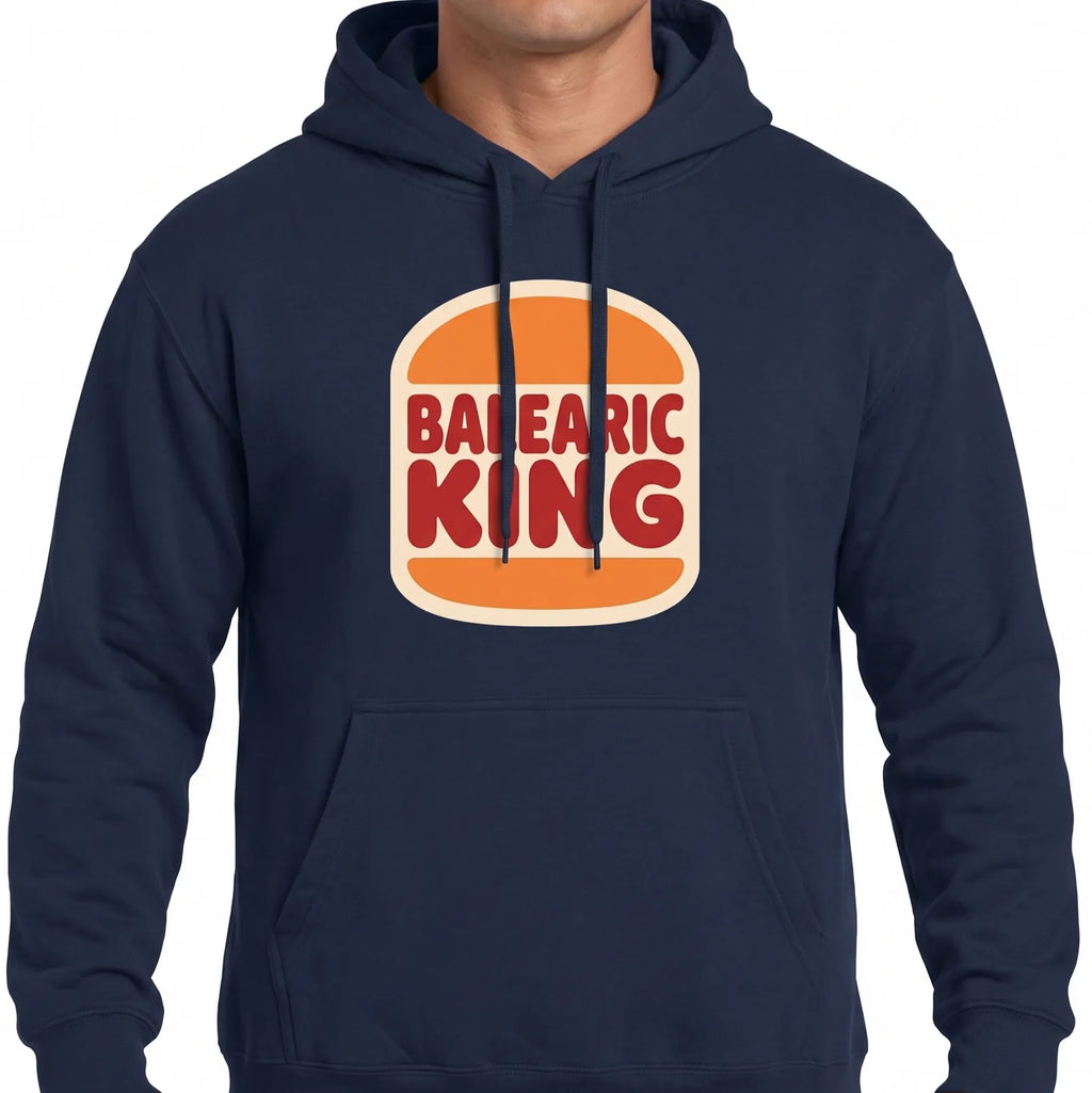 Navy blue hoodie with 'Balearic King' graphic on a white background