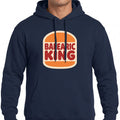Navy blue hoodie with 'Balearic King' graphic on a white background