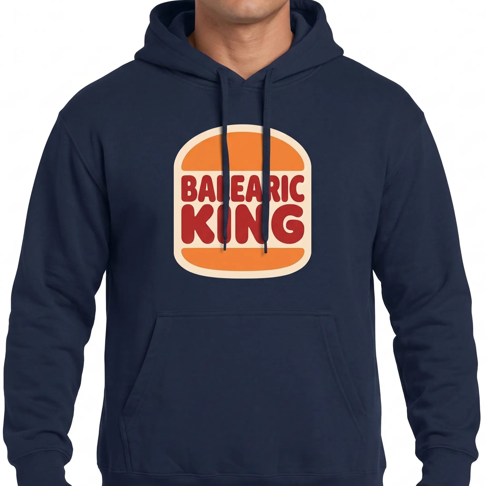 Navy blue hoodie with 'Balearic King' graphic on a white background