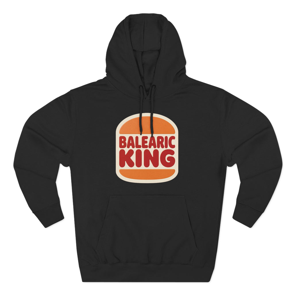 Black hoodie with Balearic King design on a white background