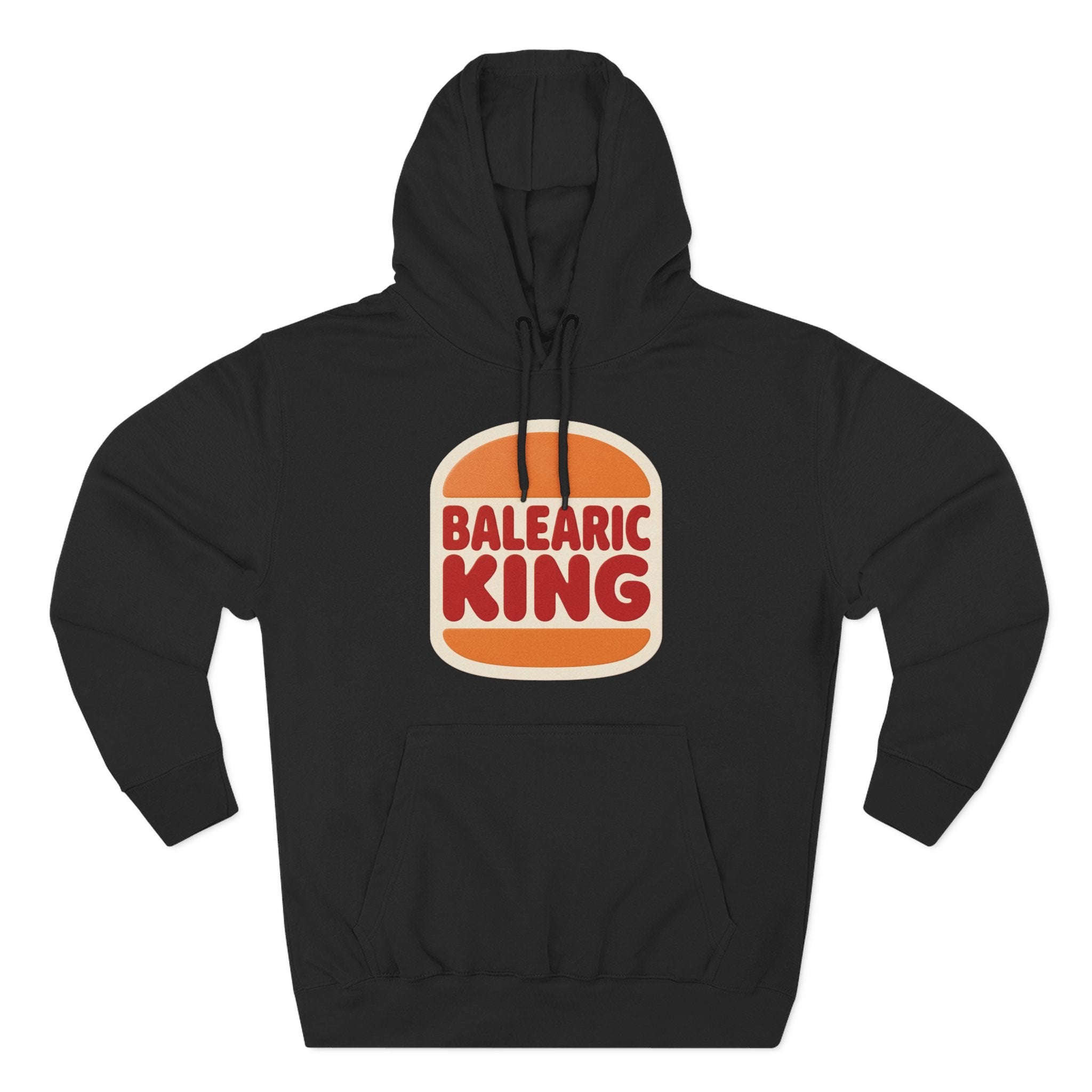 Black hoodie with Balearic King design on a white background