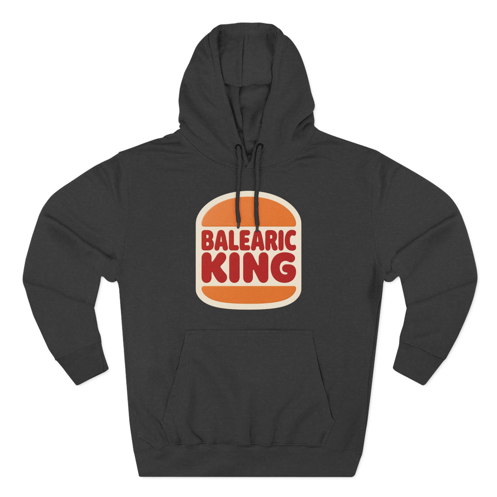 Charcoal hoodie with Balearic King design on a white background