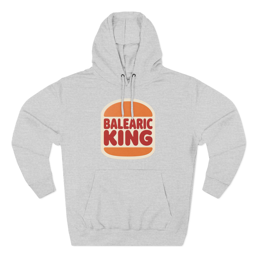 Heather Grey hoodie with Balearic King design on a white background
