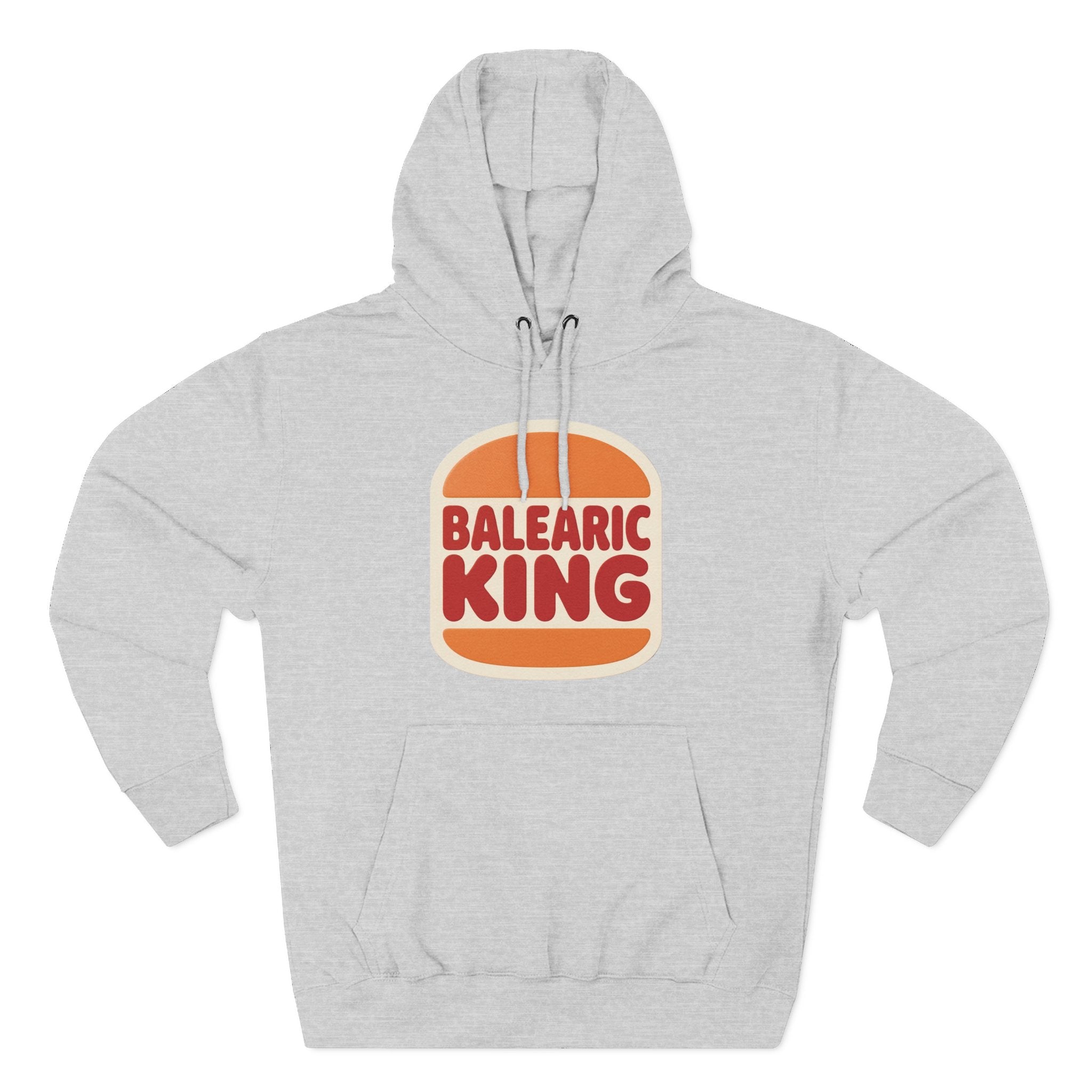 Heather Grey hoodie with Balearic King design on a white background