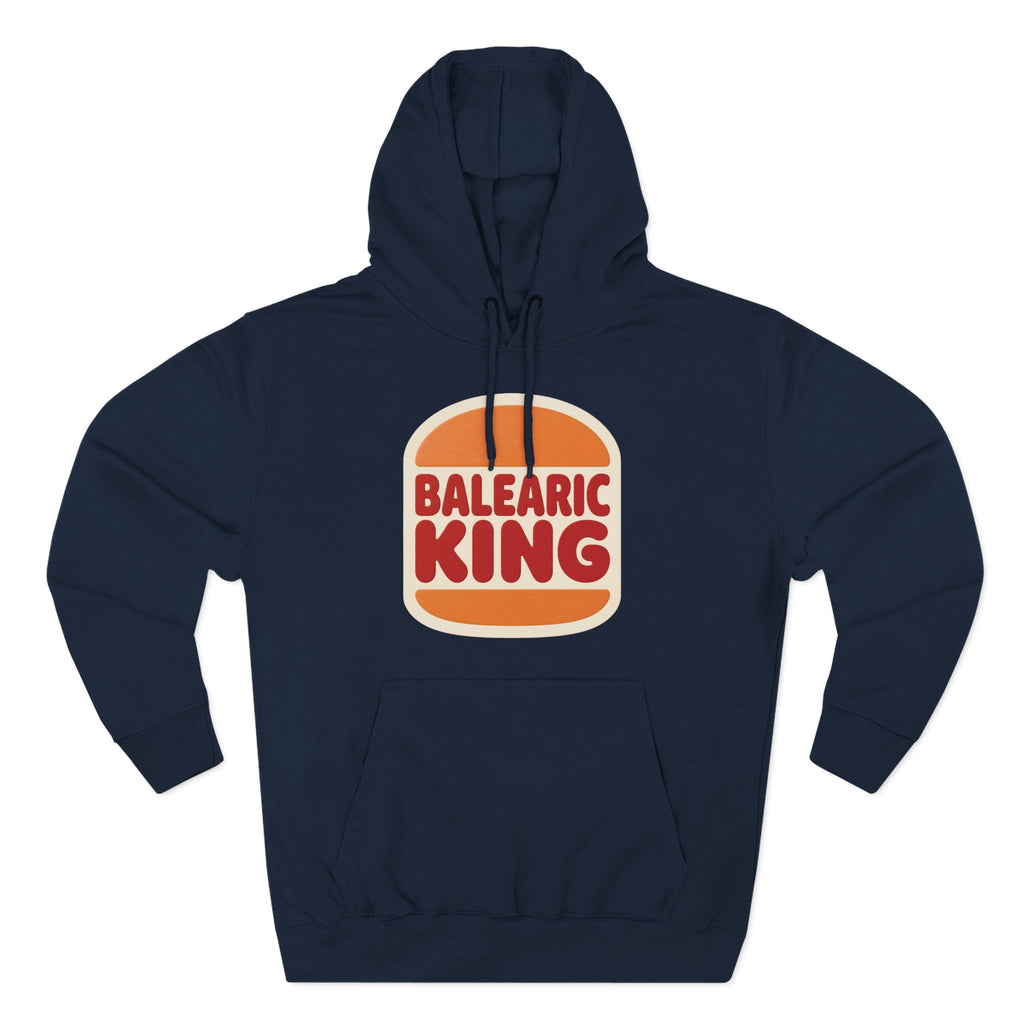 Navy hoodie with Balearic King design on a white background