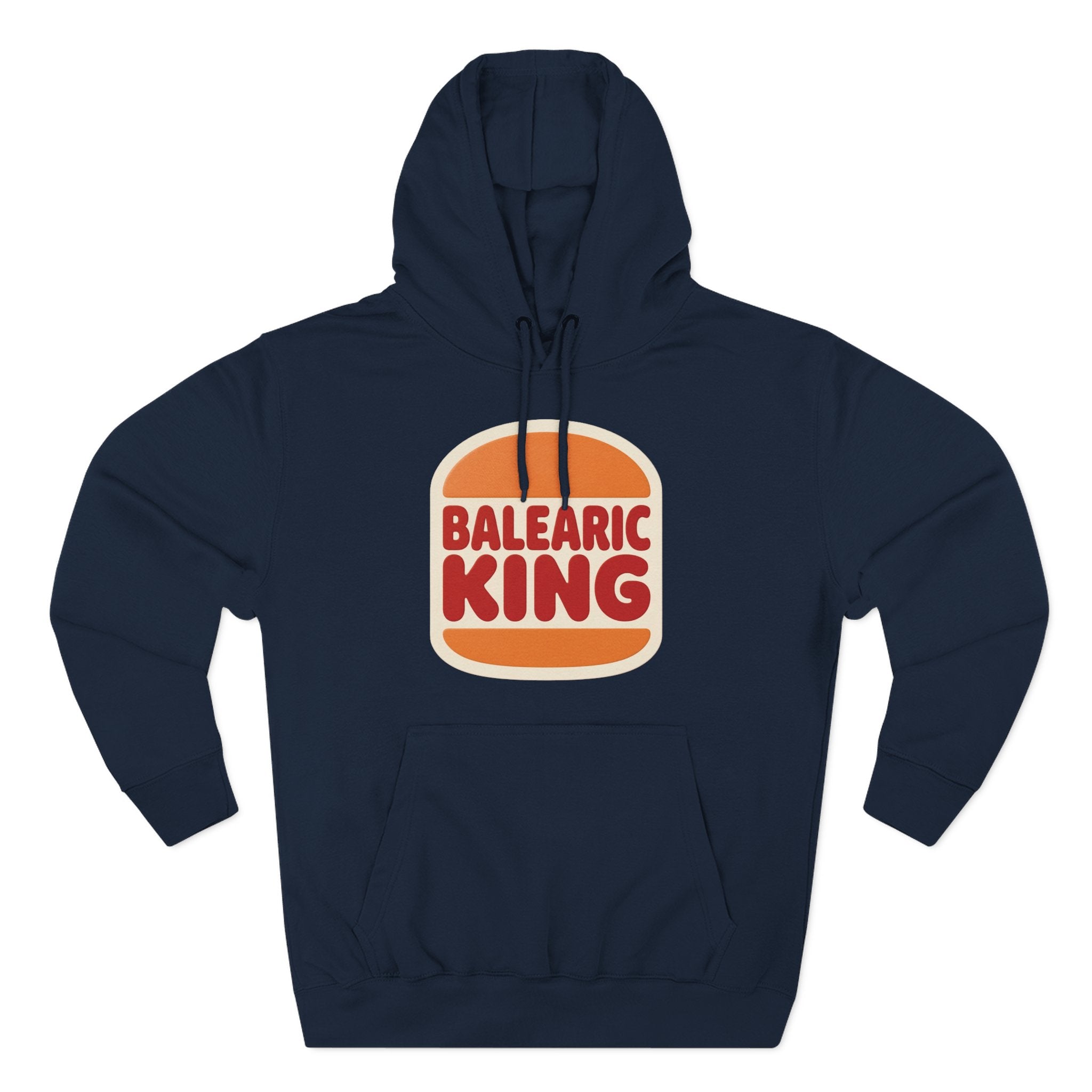 Navy hoodie with Balearic King design on a white background