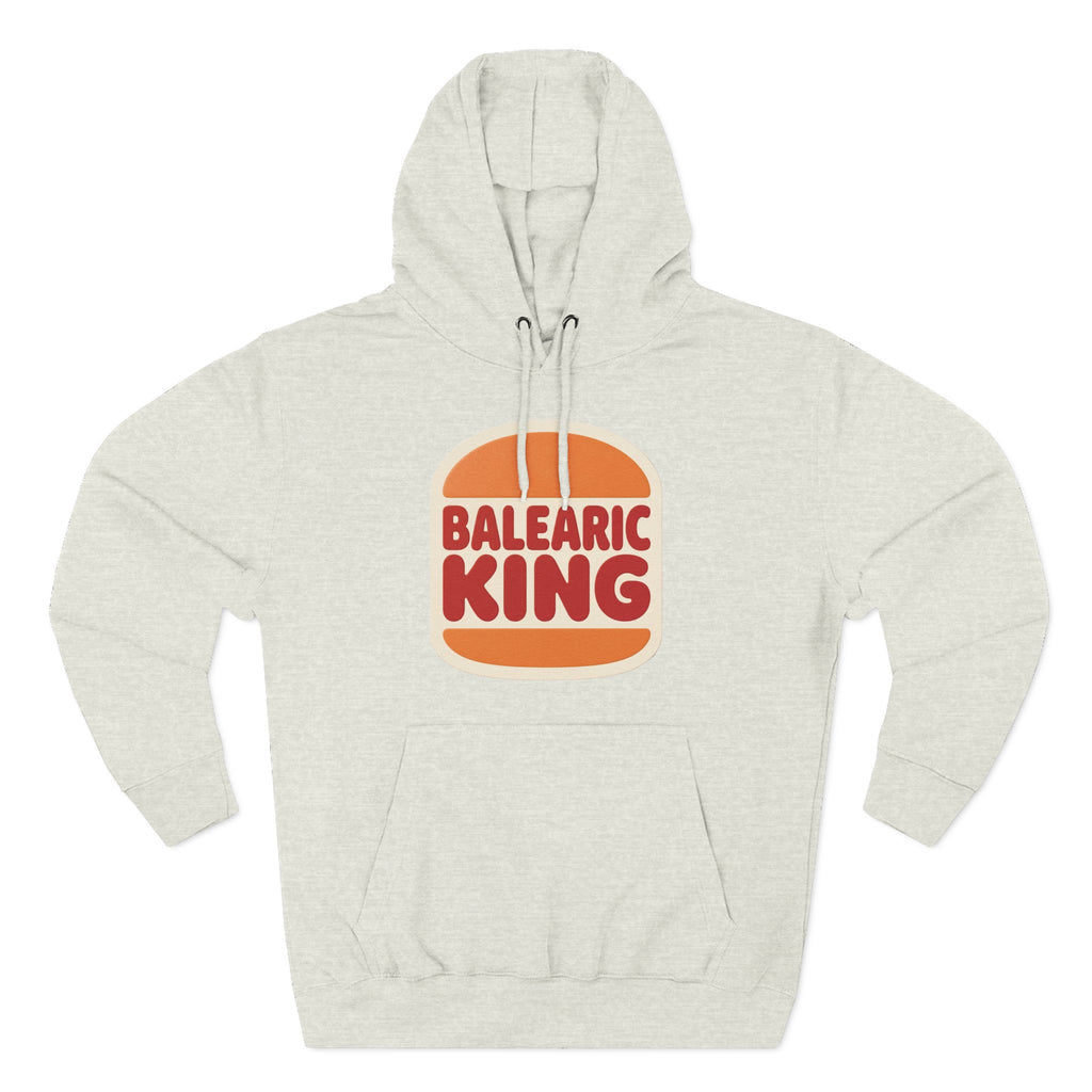 Oatmeal Heather hoodie with Balearic King design on a white background