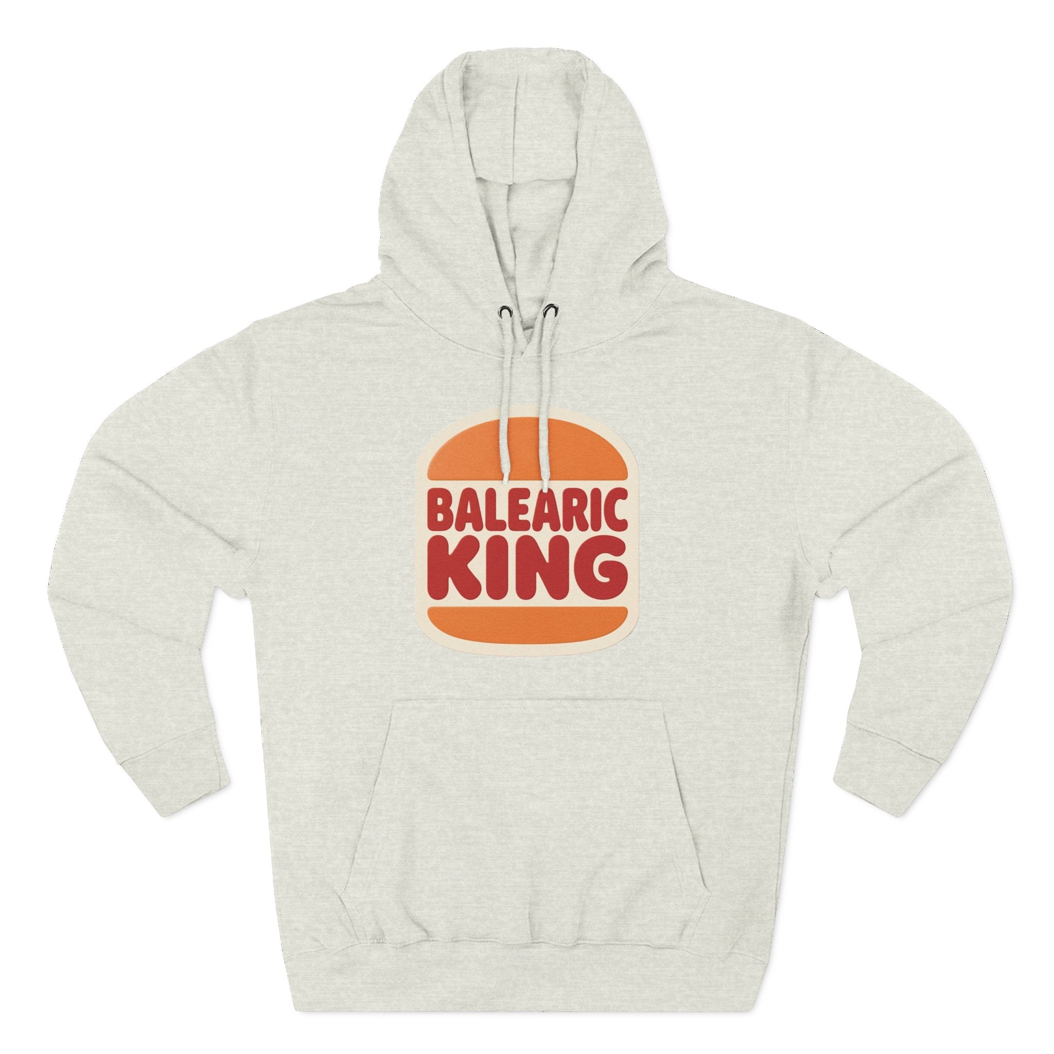 Oatmeal Heather hoodie with Balearic King design on a white background