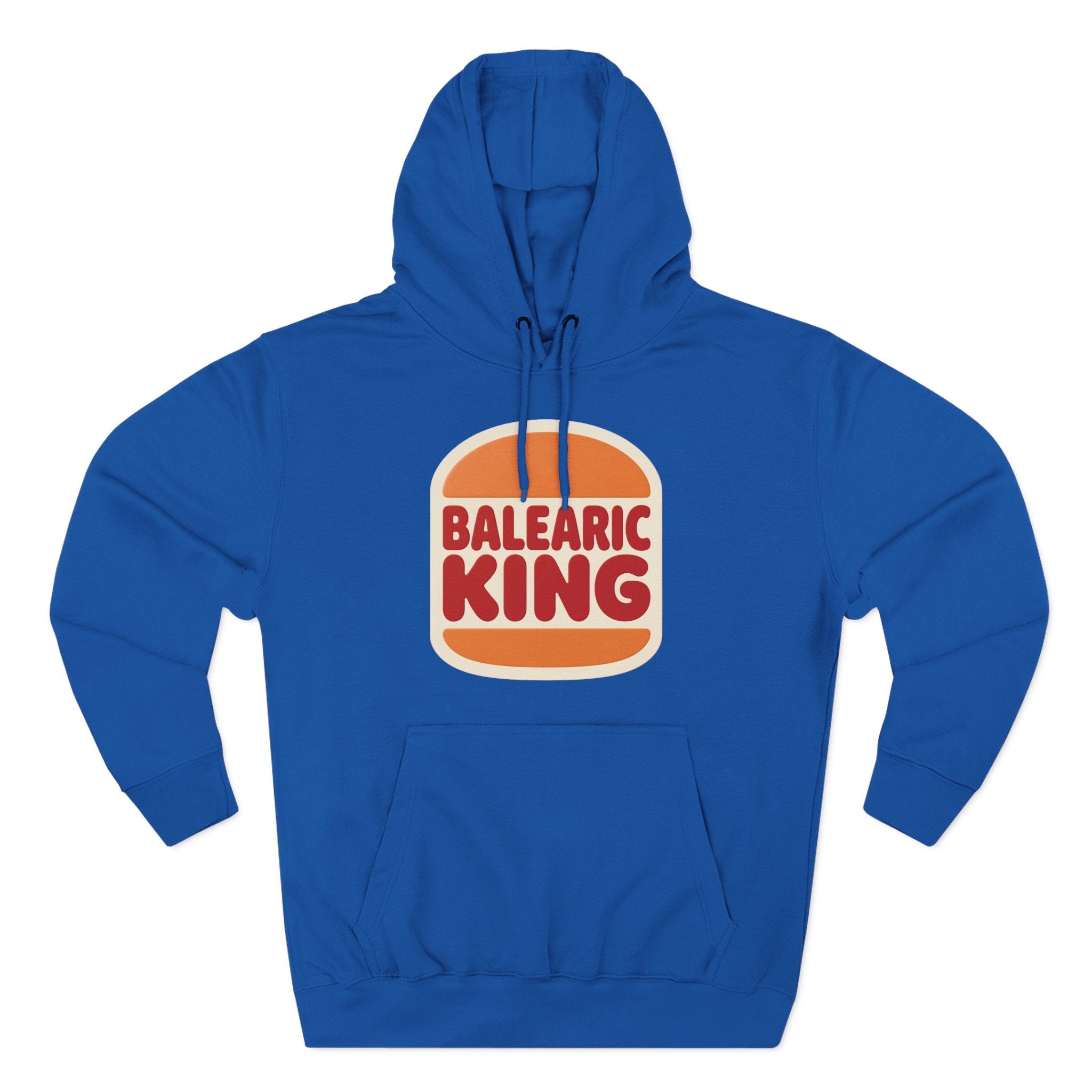 Royal Blue hoodie with Balearic King design on a white background