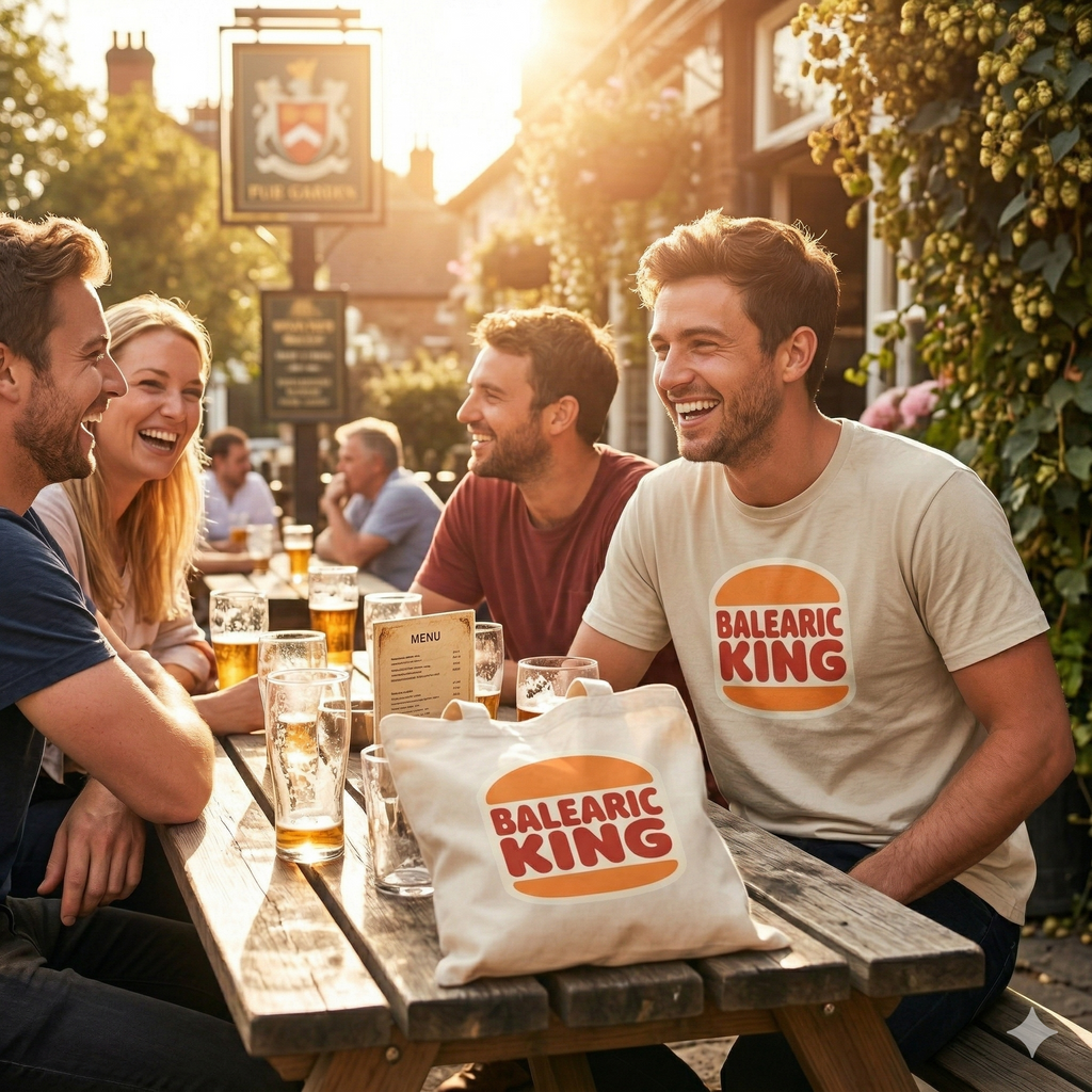 People sitting at a pub garden table with 'Balearic King' branding.