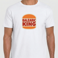 Balearic Blend T-shirt: A high-quality product photograph of the white Balearic King T-shirt, showcasing the orange and red retro fast-food style parody logo, centered on the chest.