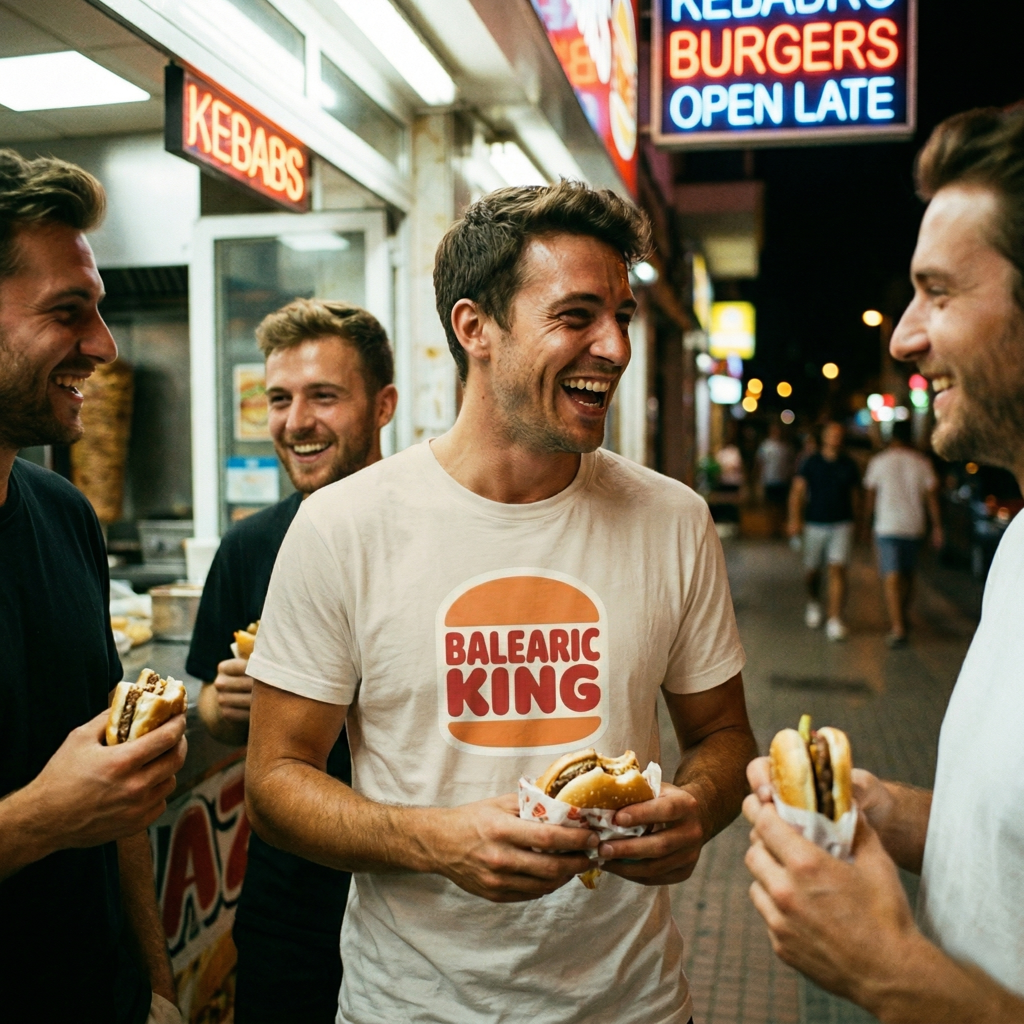 Balearic Blend T-shirt: A candid, neon-lit night photograph of a man wearing the Balearic King T-shirt, featuring the distinctive orange and red 'Balearic King' burger-shaped logo centered on his chest, while laughing with friends and holding a burger outside a fast-food stand.