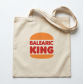 Beige tote bag with 'Balearic King' text on an orange background