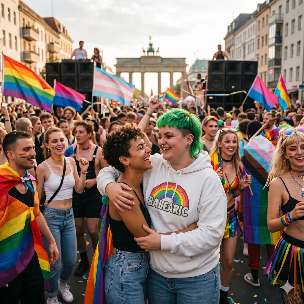 Couple showing 'Balearic Pride' clothing at the Berlin Love Parade.