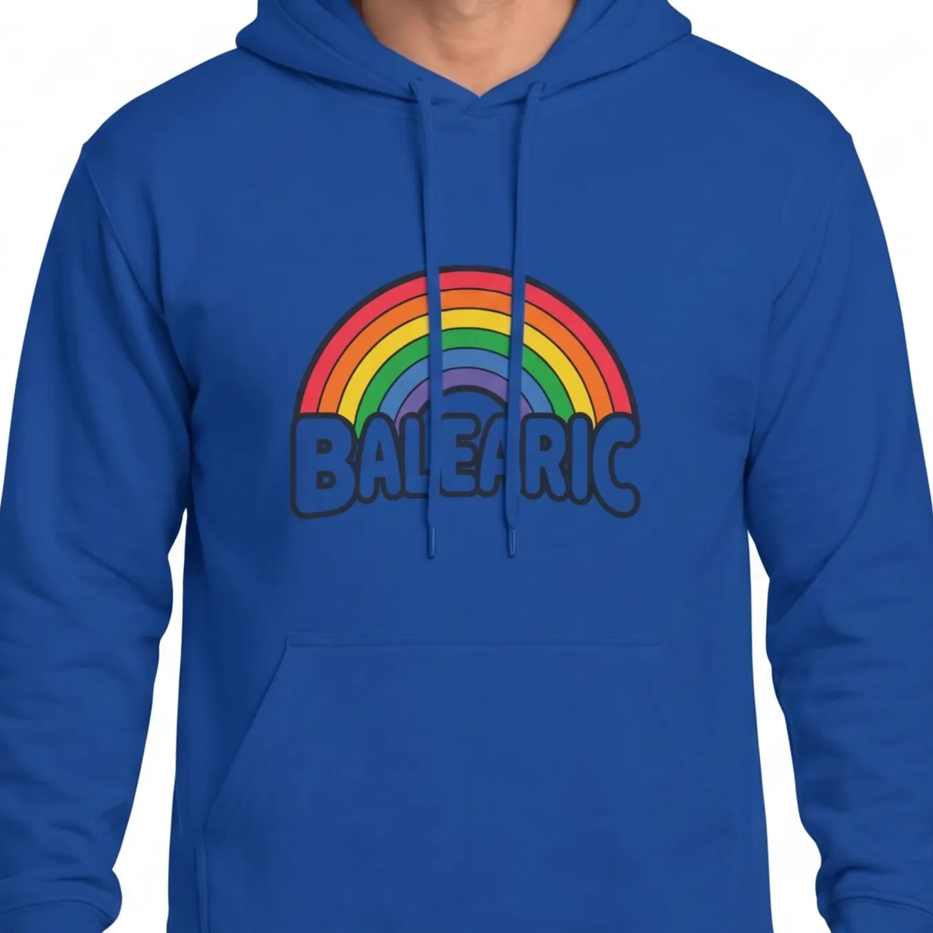 Blue hoodie with a rainbow and 'BALEARIC' text design on a white background
