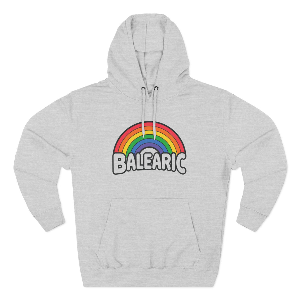 Gray hoodie with rainbow and 'Balearic' text design on a white background