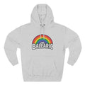Gray hoodie with rainbow and 'Balearic' text design on a white background