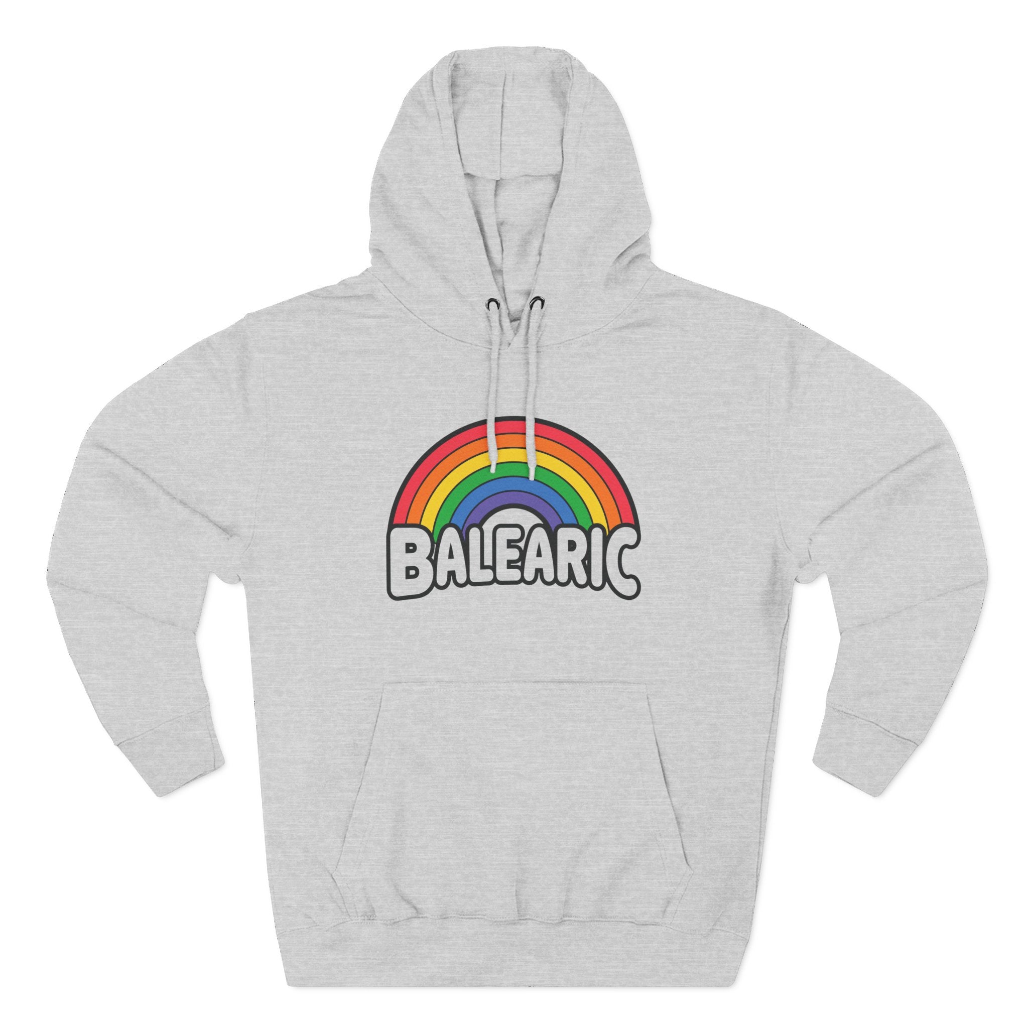 Gray hoodie with rainbow and 'Balearic' text design on a white background