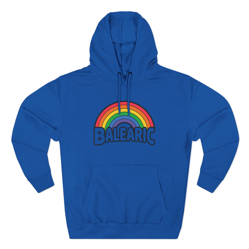 Blue hoodie with a rainbow and 'Balearic' text on a white background