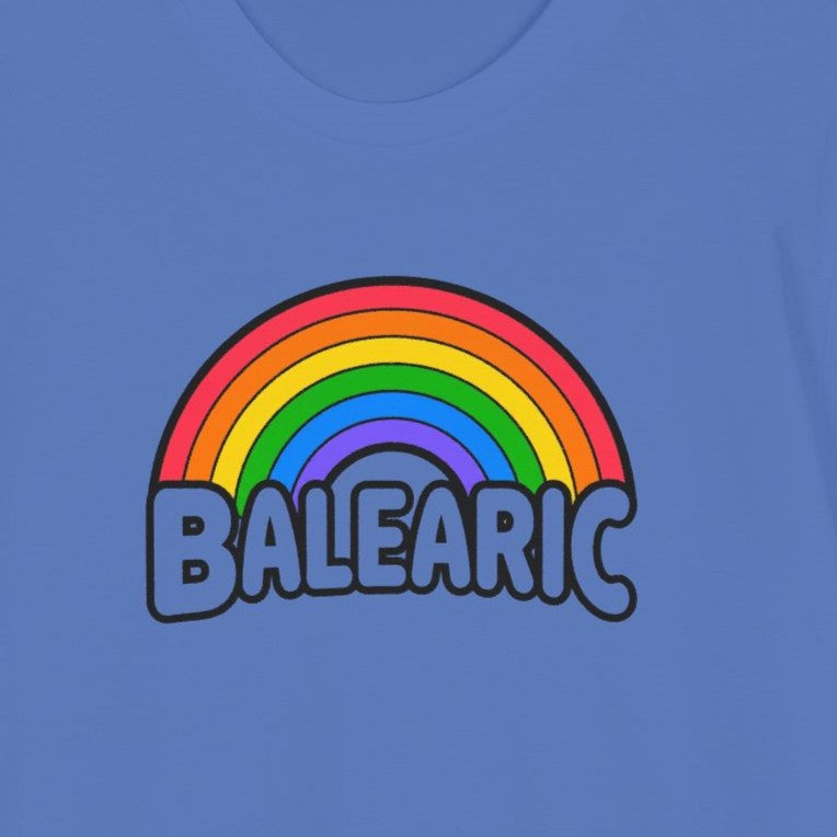 Balearic Blend T-shirt: Close-up of bright rainbow and Balearic text print on Bright Blue cotton.