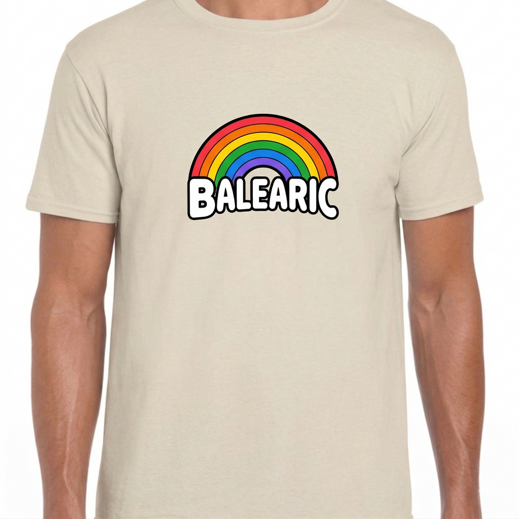 Balearic Blend T-shirt: Flat lay Vintage White with vibrant rainbow and Balearic bubble letters.