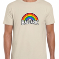 Balearic Blend T-shirt: Flat lay Vintage White with vibrant rainbow and Balearic bubble letters.