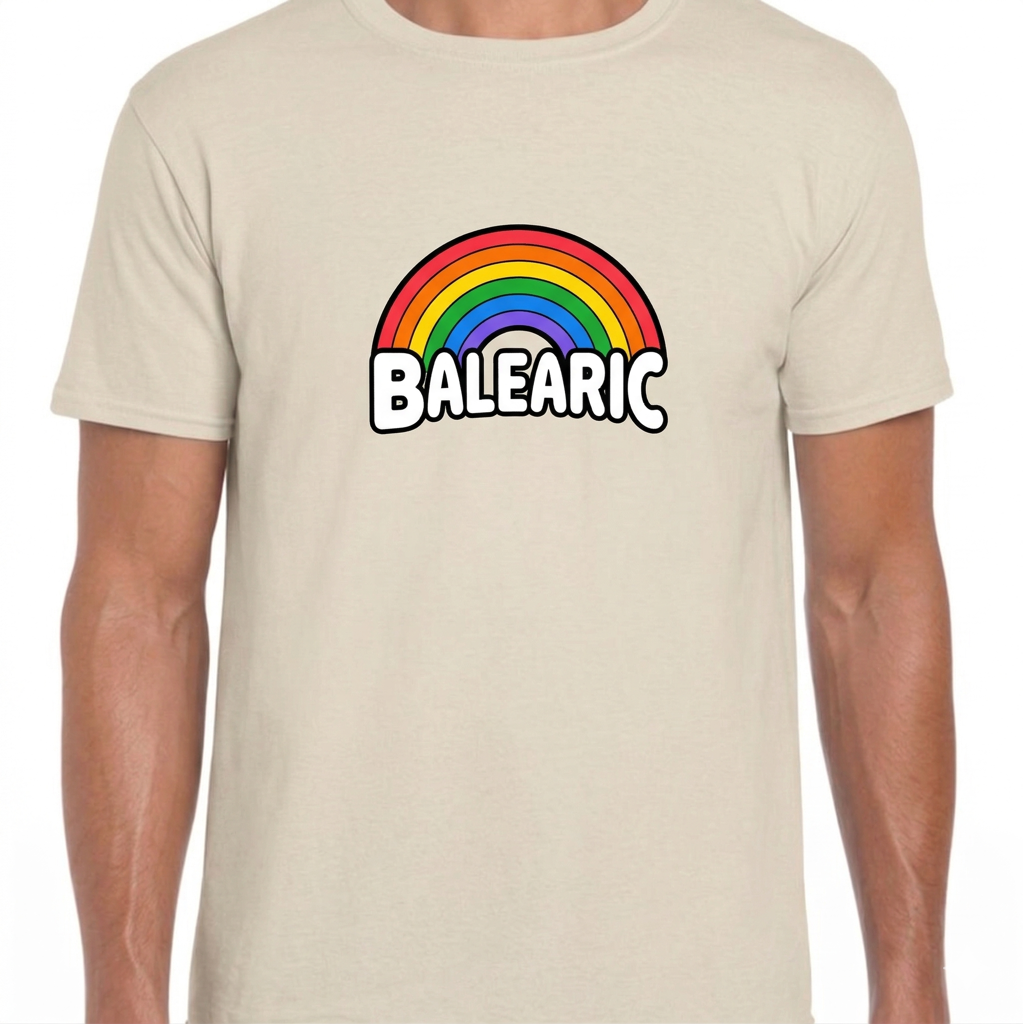 Balearic Blend T-shirt: Flat lay Vintage White with vibrant rainbow and Balearic bubble letters.