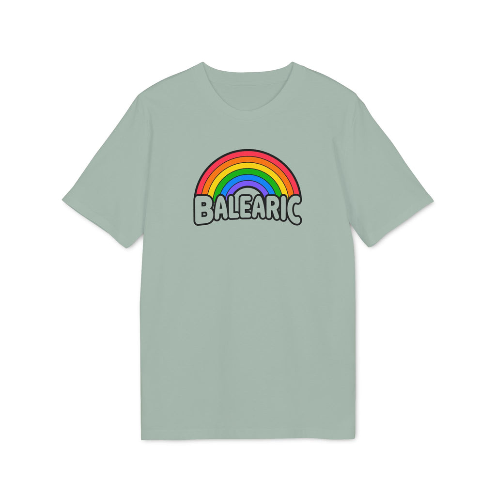 Balearic Blend T-shirt: Aloe colourway flat-lay showing rainbow graphic print detail.