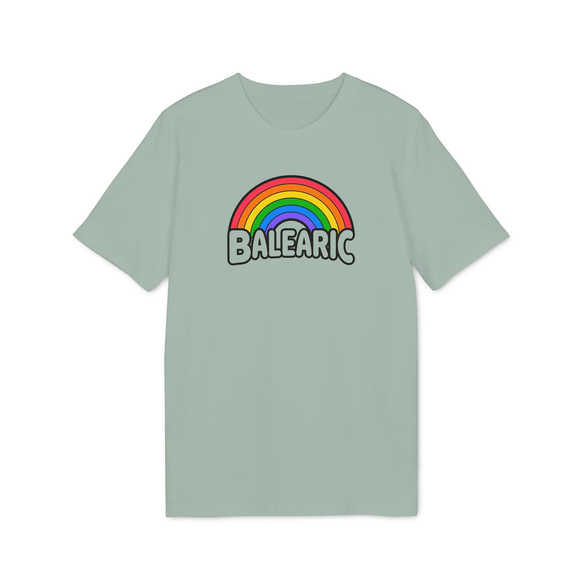 Balearic Blend T-shirt: Aloe colourway flat-lay showing rainbow graphic print detail.