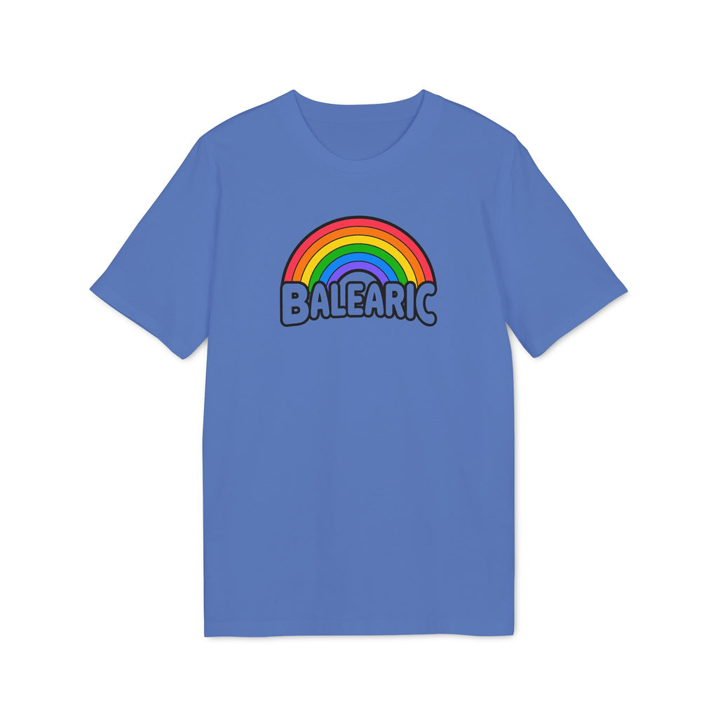 Balearic Blend T-shirt: Bright Blue colourway flat-lay showing rainbow graphic print detail.