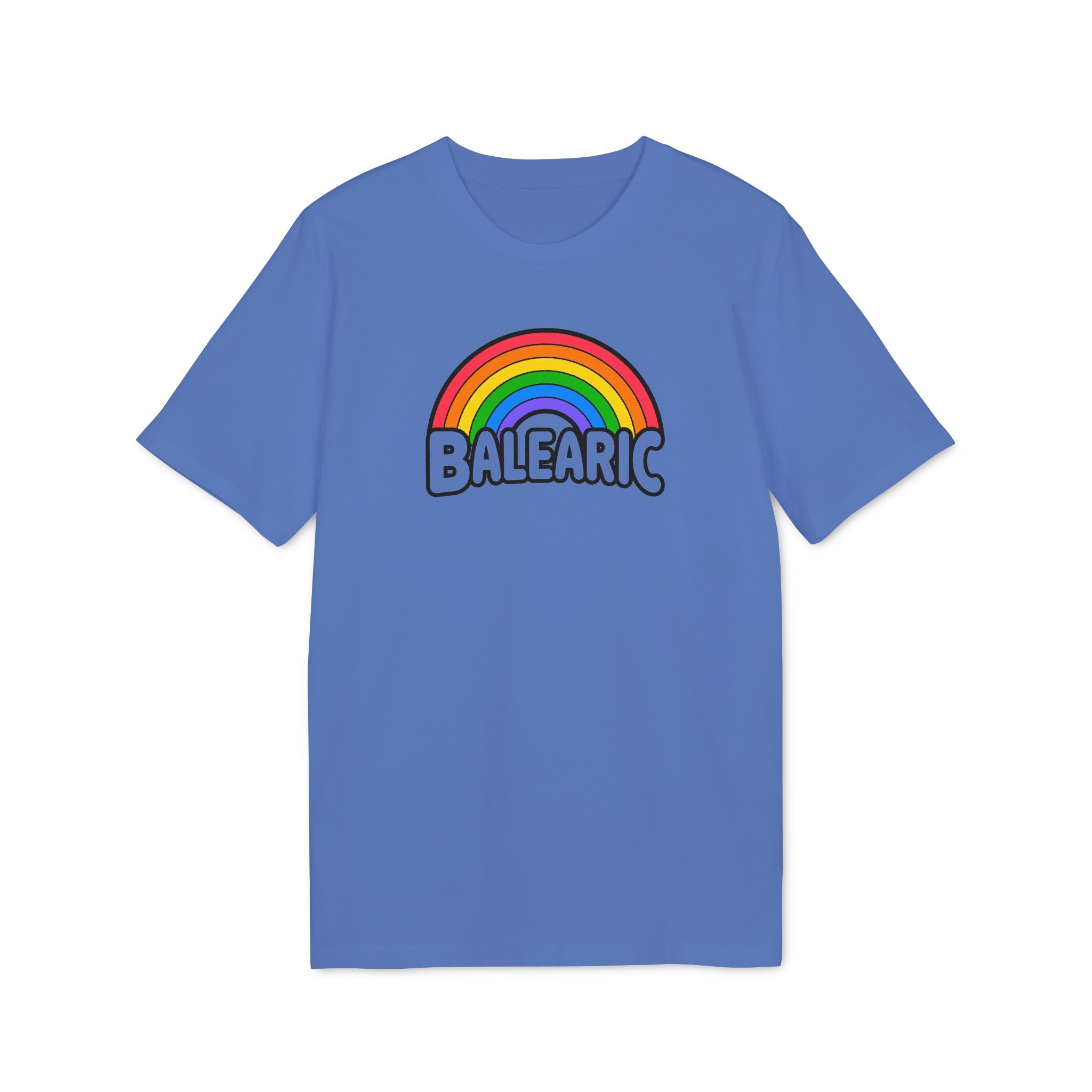 Balearic Blend T-shirt: Bright Blue colourway flat-lay showing rainbow graphic print detail.