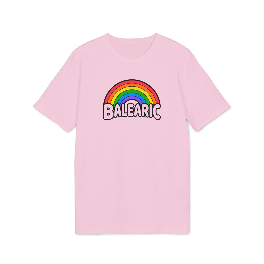 Balearic Blend T-shirt: Cotton Pink colourway flat-lay showing rainbow graphic print detail.