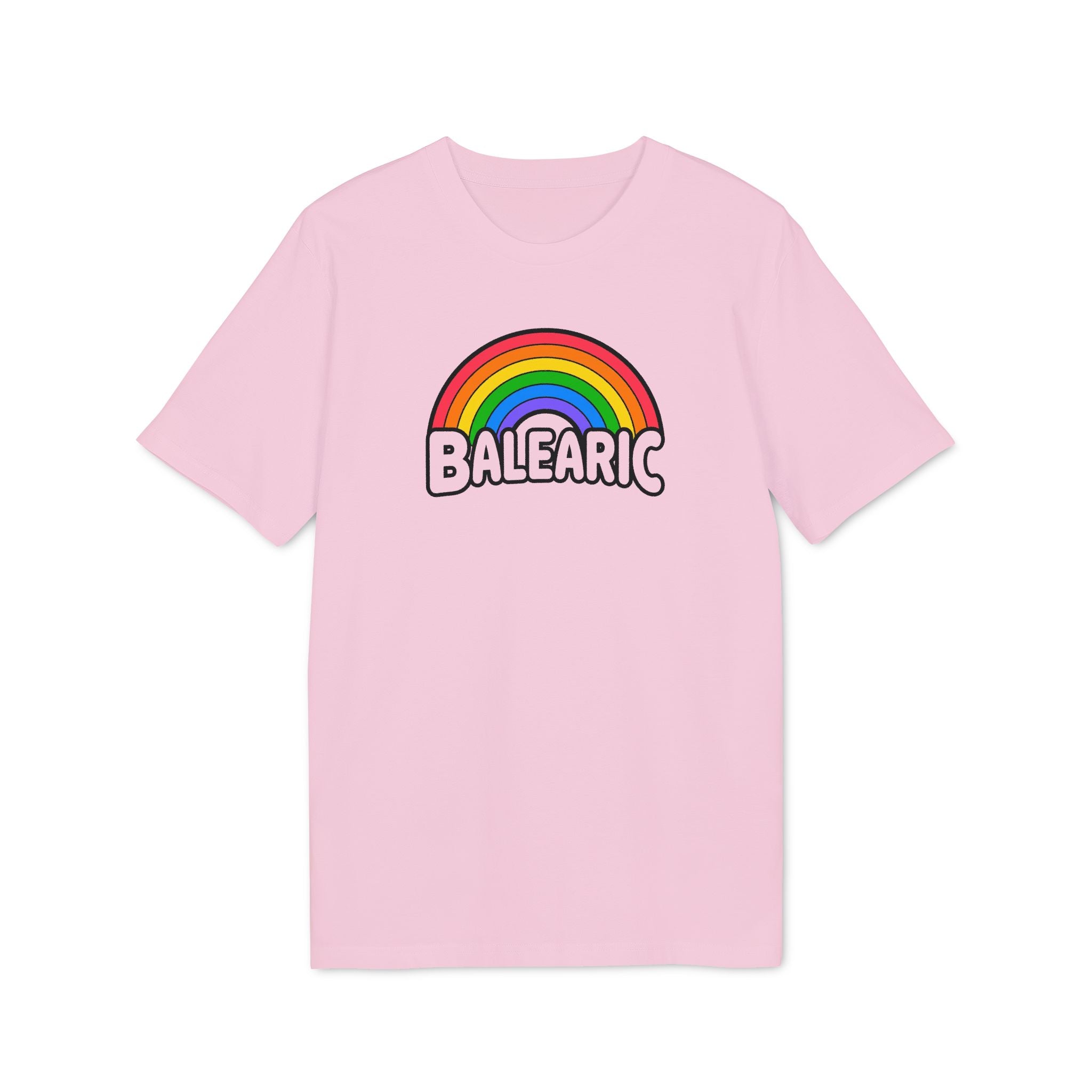 Balearic Blend T-shirt: Cotton Pink colourway flat-lay showing rainbow graphic print detail.