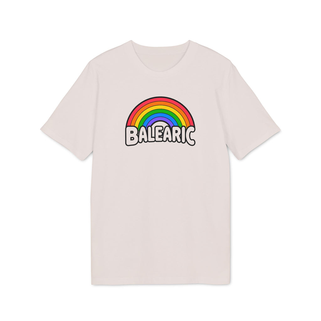 Balearic Blend T-shirt: Vintage White colourway flat-lay showing rainbow graphic print detail.