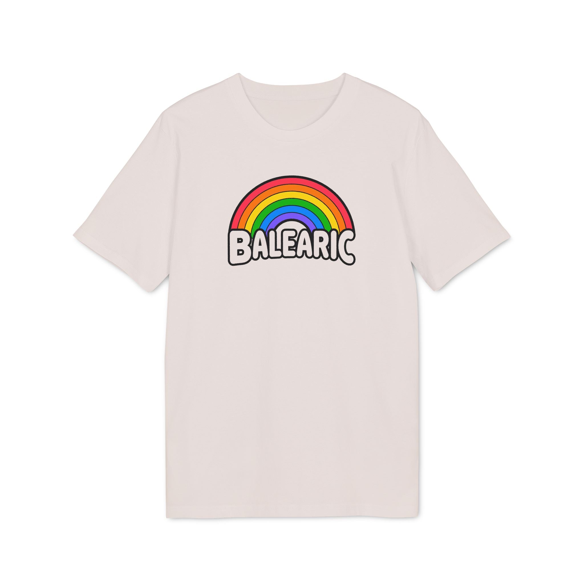 Balearic Blend T-shirt: Vintage White colourway flat-lay showing rainbow graphic print detail.