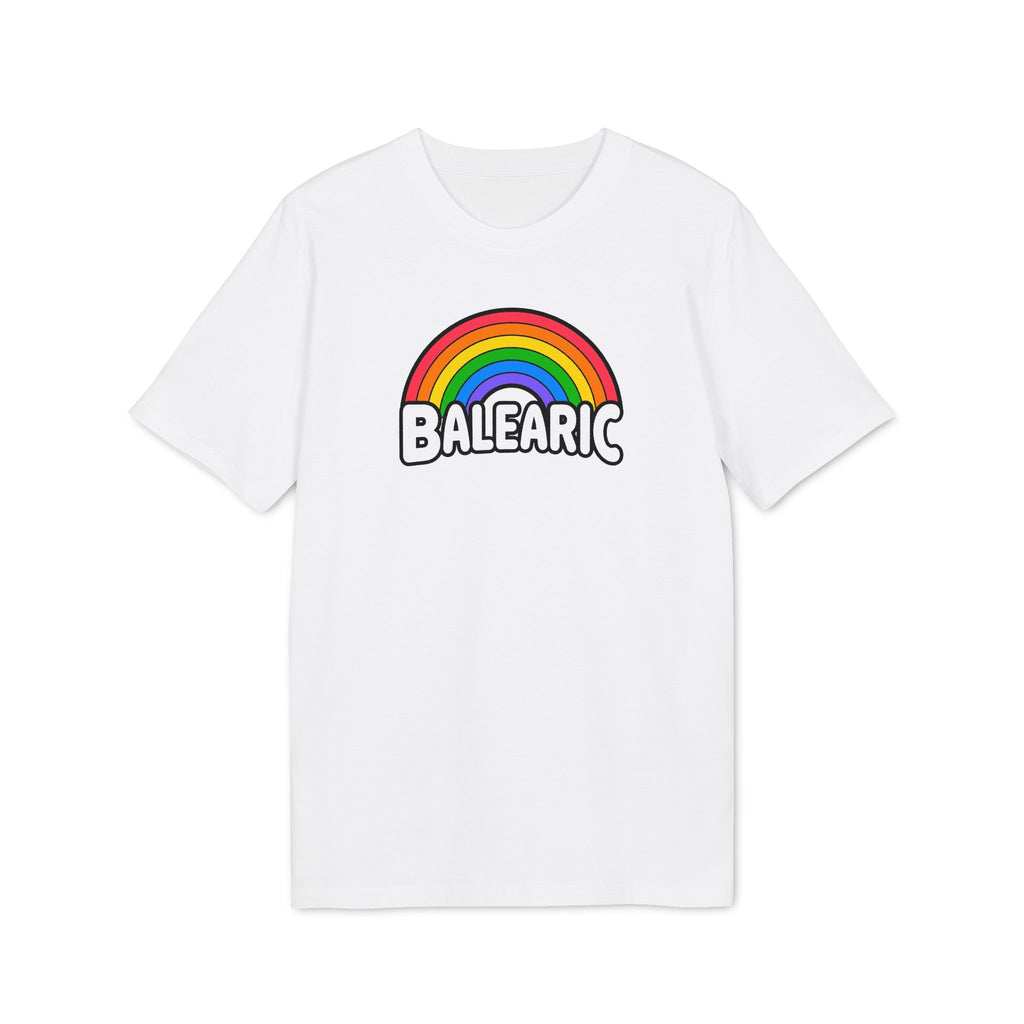 Balearic Blend T-shirt: White colourway flat-lay showing rainbow graphic print detail.