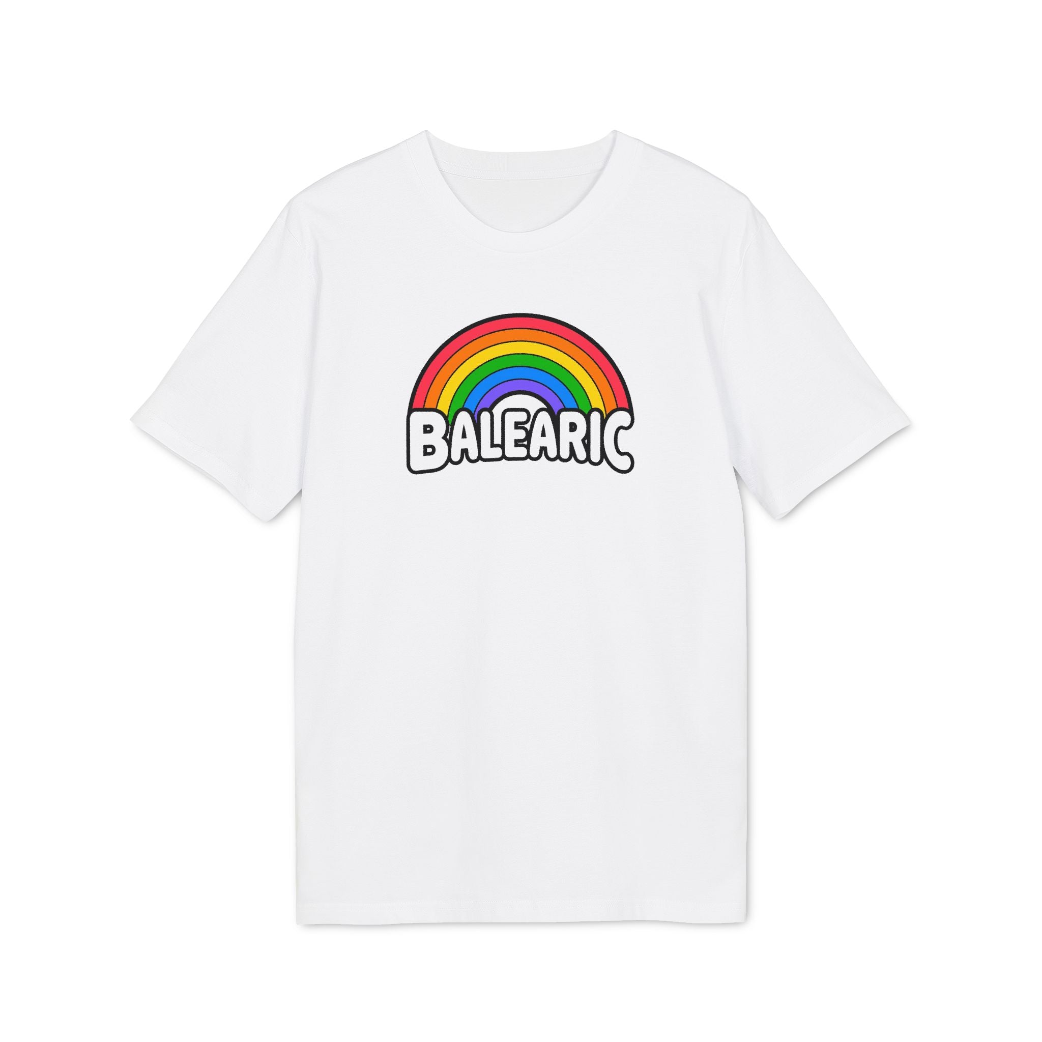 Balearic Blend T-shirt: White colourway flat-lay showing rainbow graphic print detail.