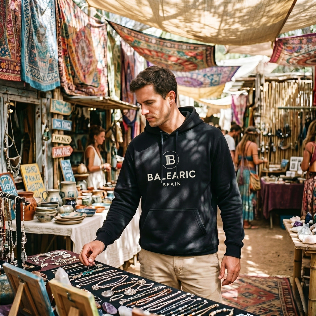 Man wearing a 'Balearic Spain' hoodie at an outdoor market stall with various items on display.