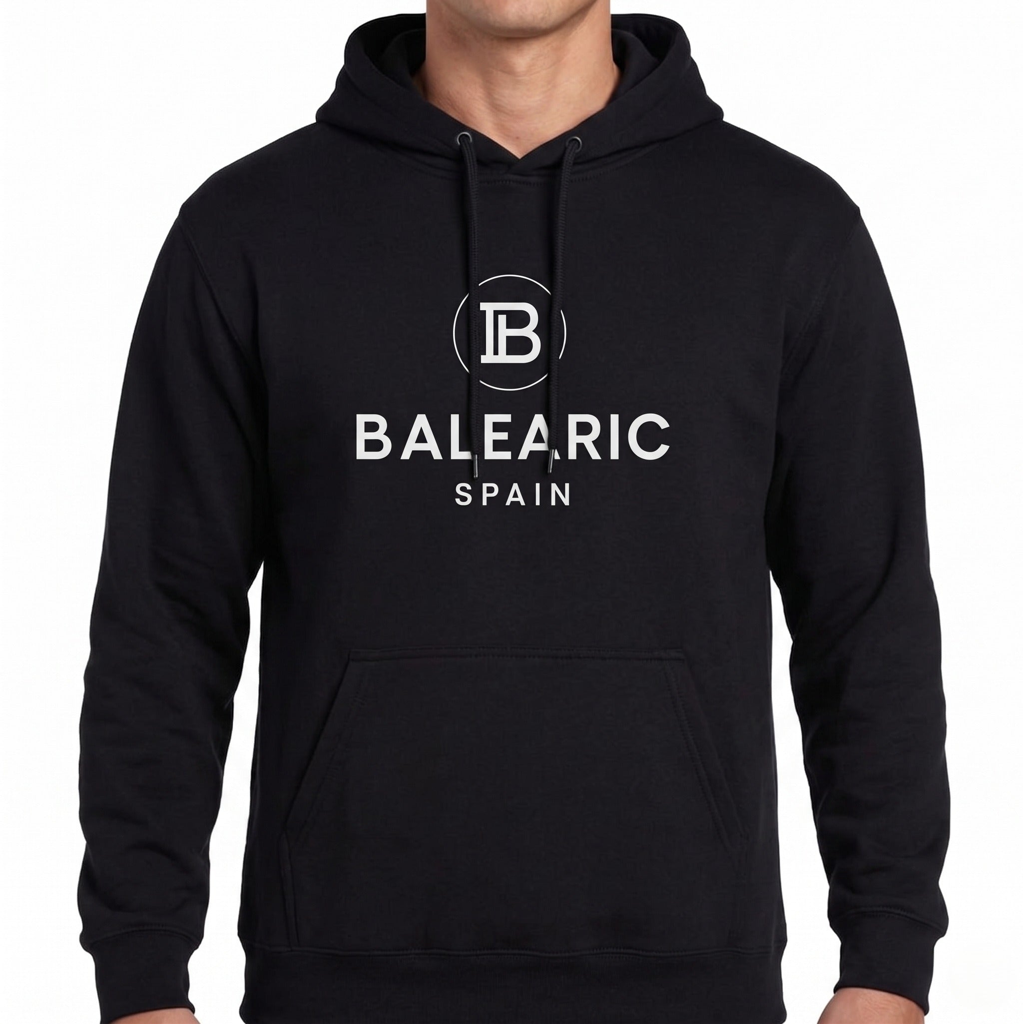 Black hoodie with 'Balearic Spain' text and logo on a white background
